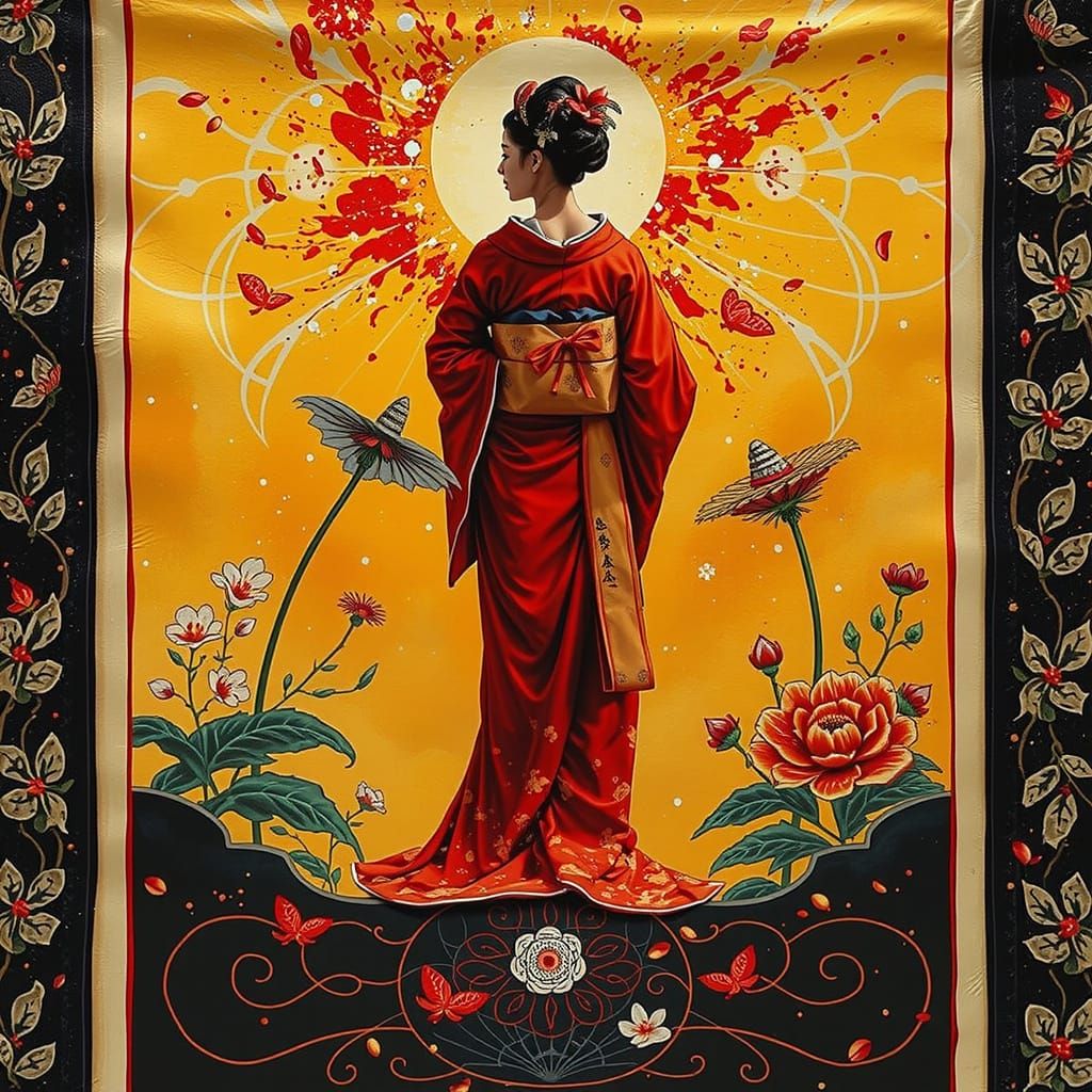 Elegant Geisha in Ethereal Botanical Field with Nebula Glow