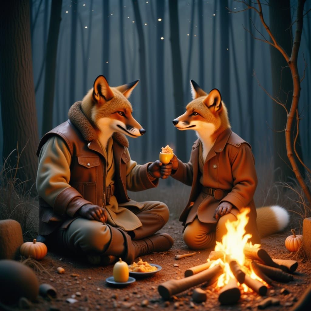 Fox Warrior and Prince Share Meal by Campfire Under Stars