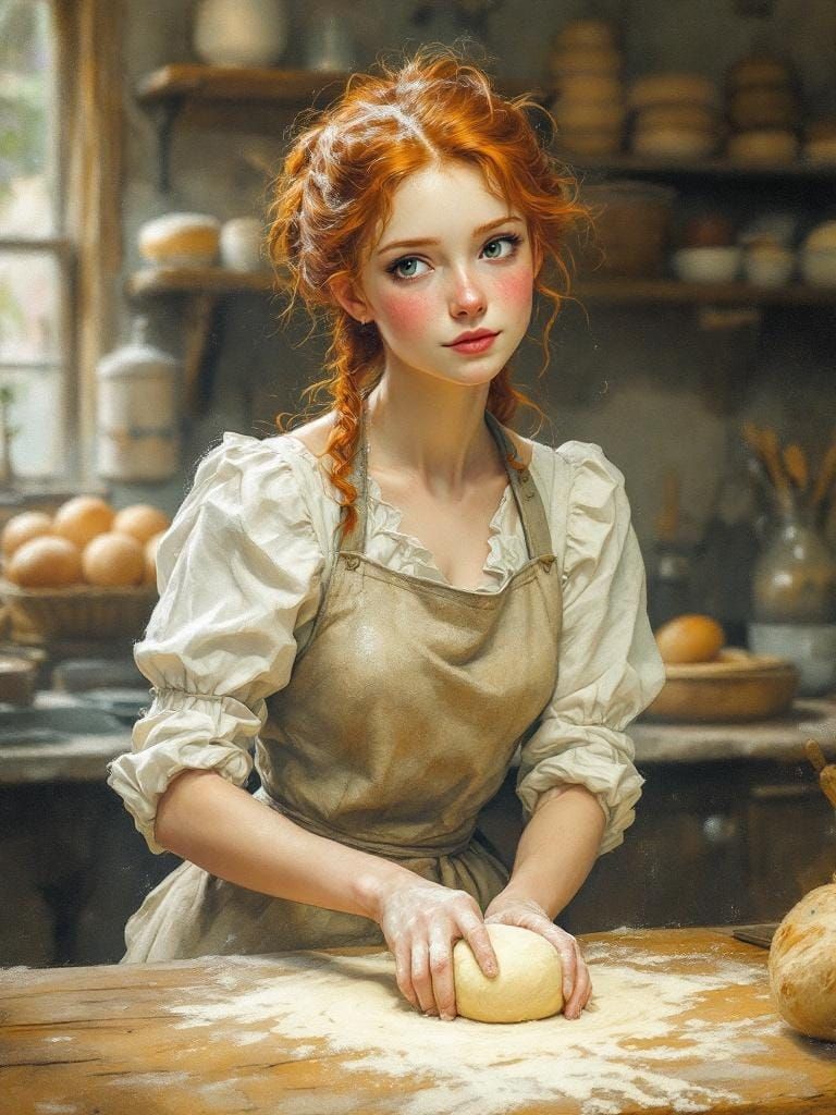 Redhead Baker Kneading Dough: A Volumetric Digital Painting