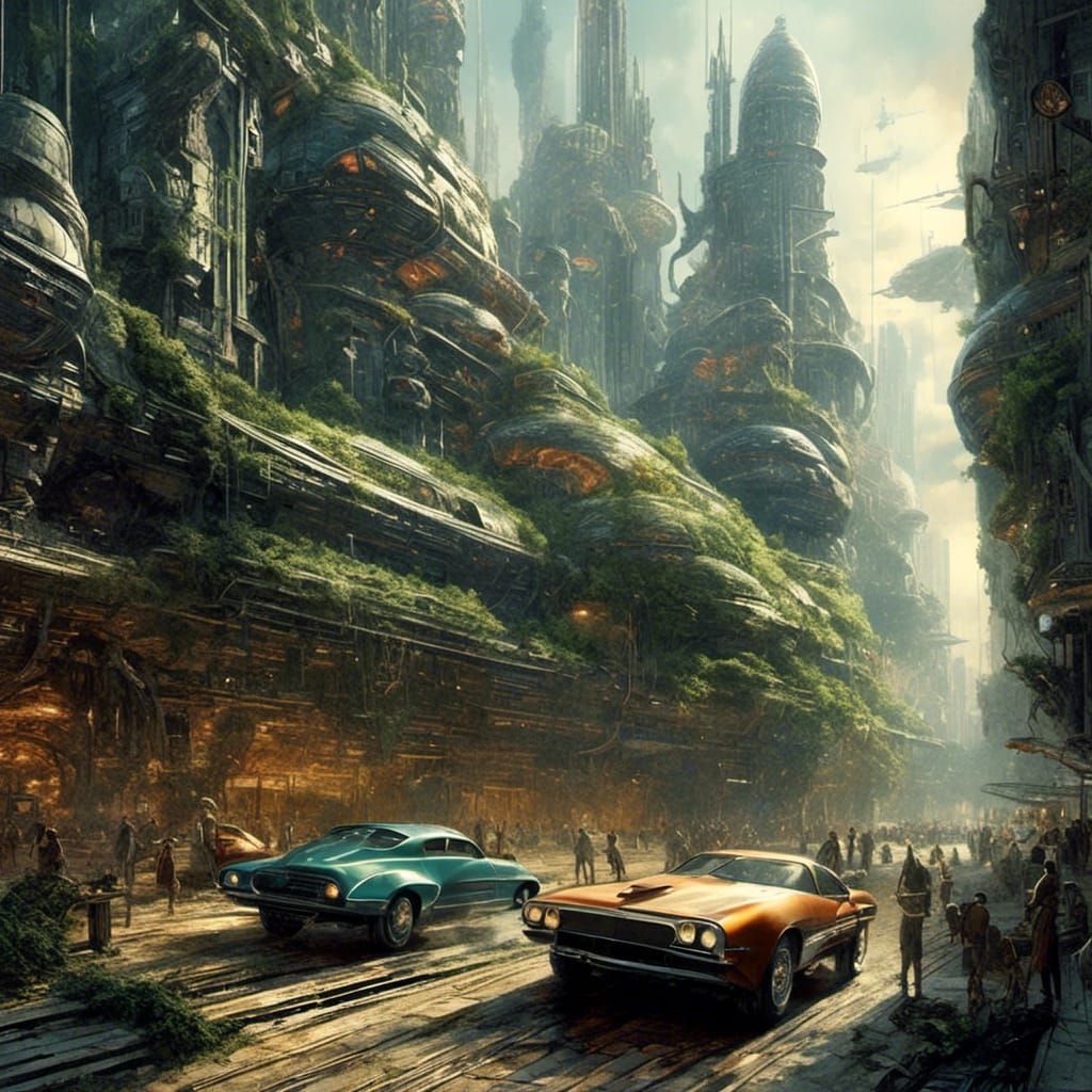 Futuristic Vehicle Speeds Through Dystopian Cityscape