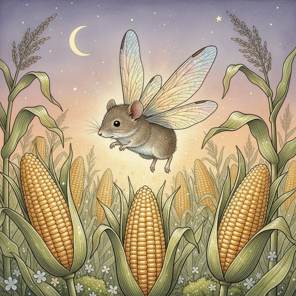 Whimsical Doormouse with Glowing Corn in Twilight