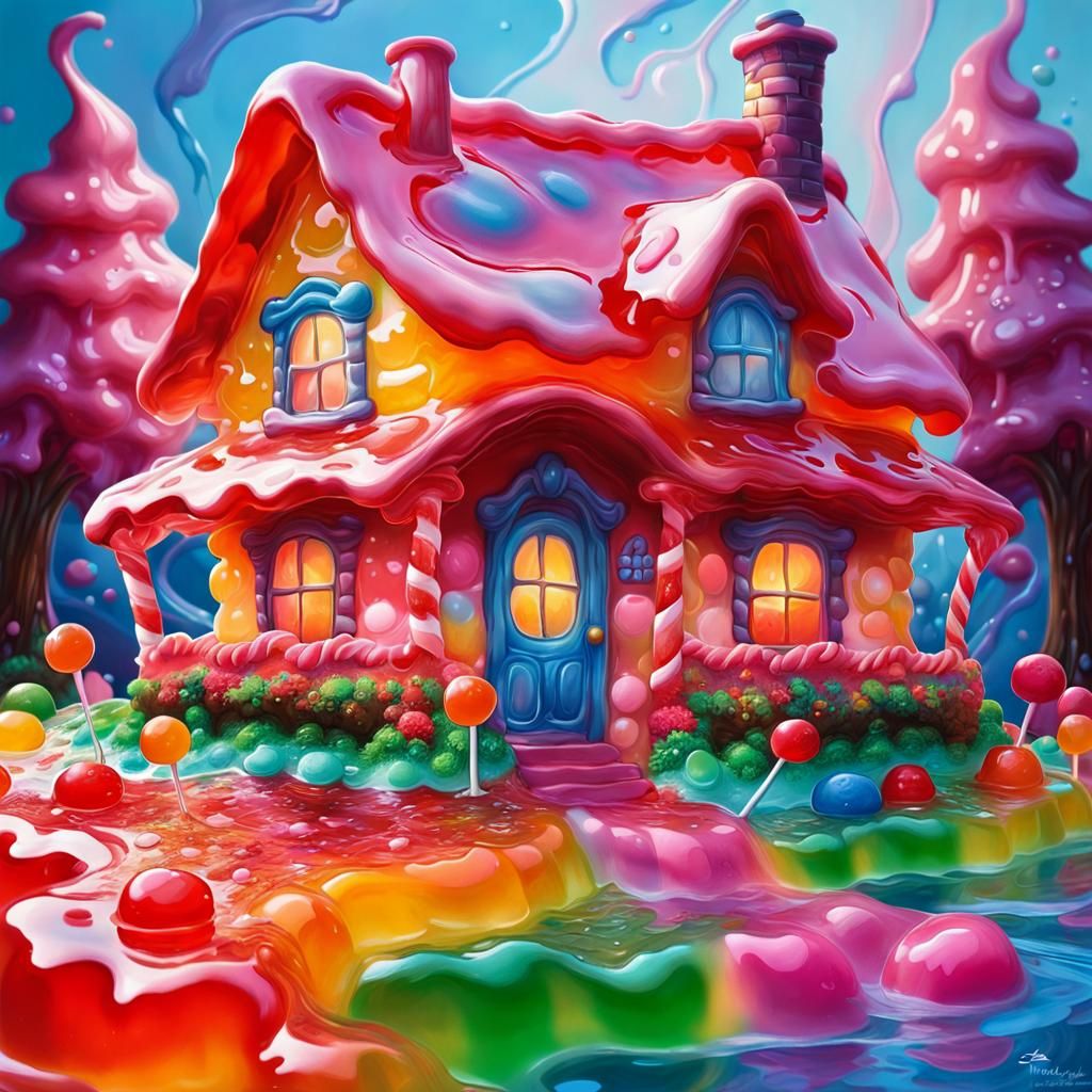 Cozy Gummy Candy Cottage in Splash Art Style