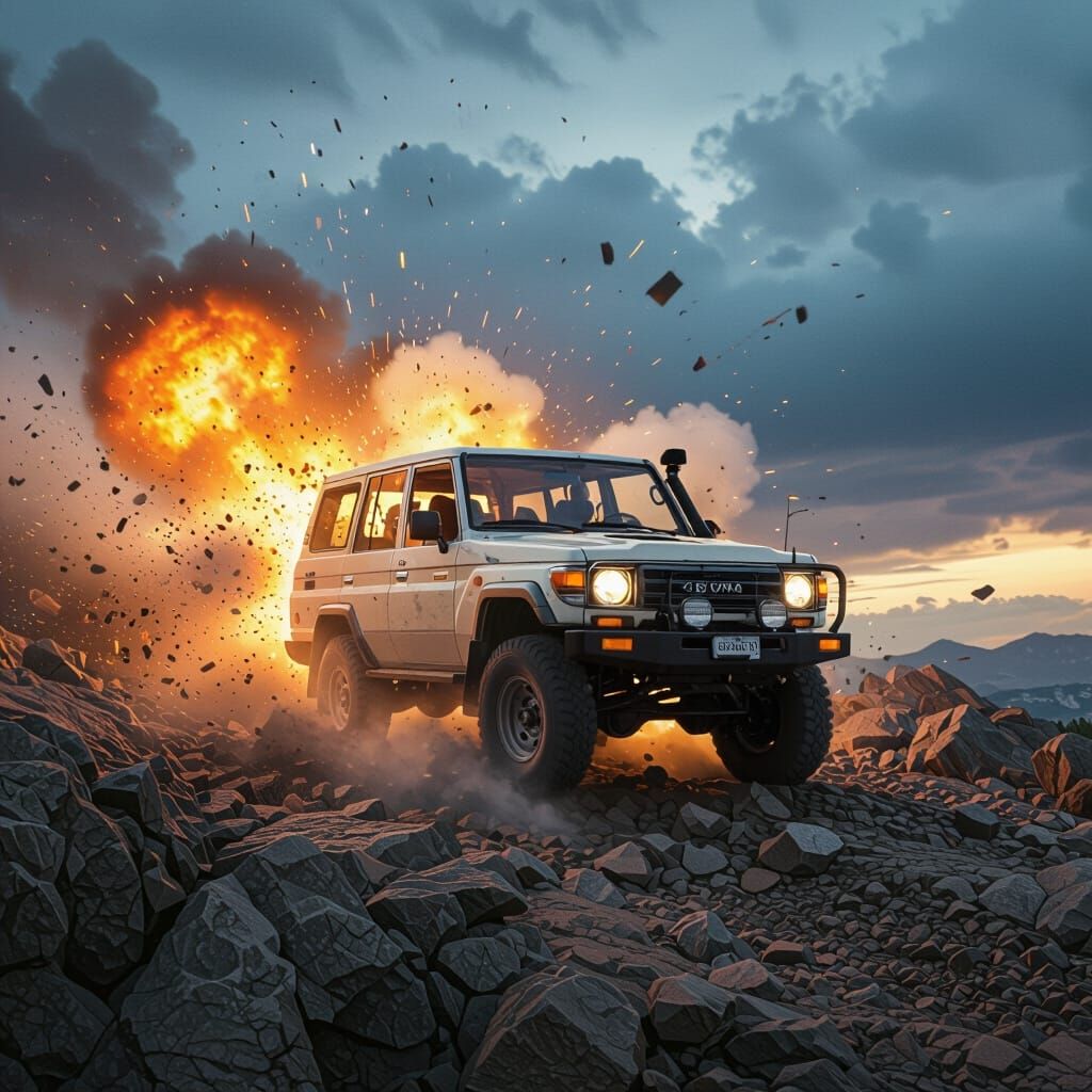 Epic Land Cruiser Explosion Off Cliff in Cinematic Style