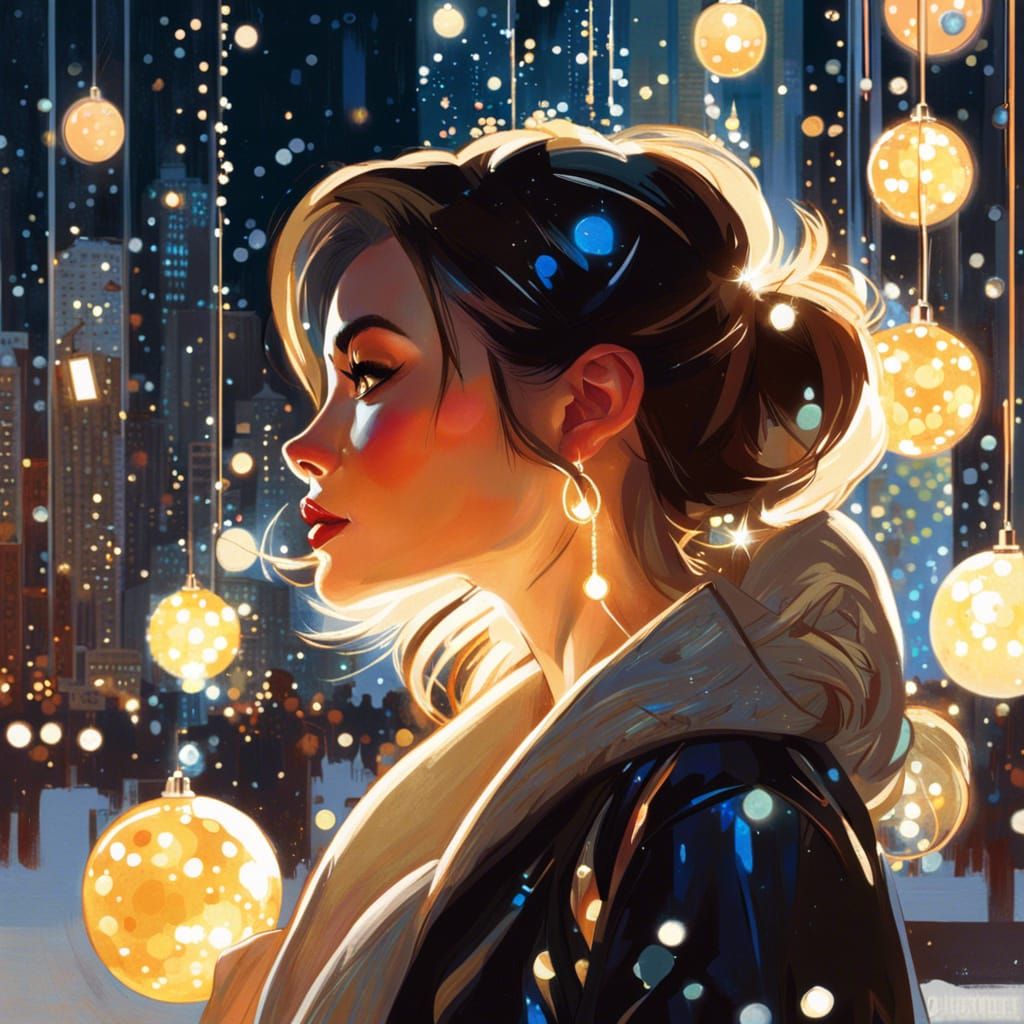 Woman Watches New Year's Ball Drop as Digital Art