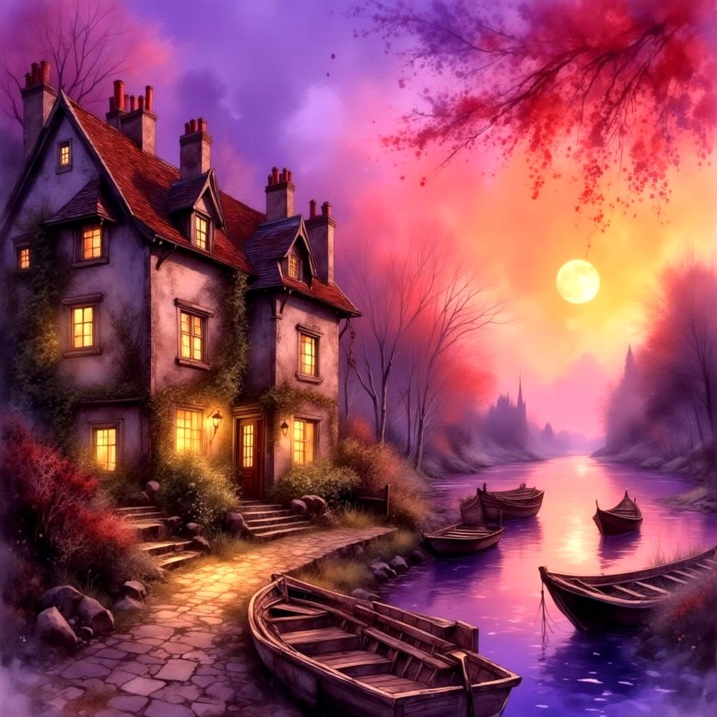 Romantic Seaside Village in England at Twilight