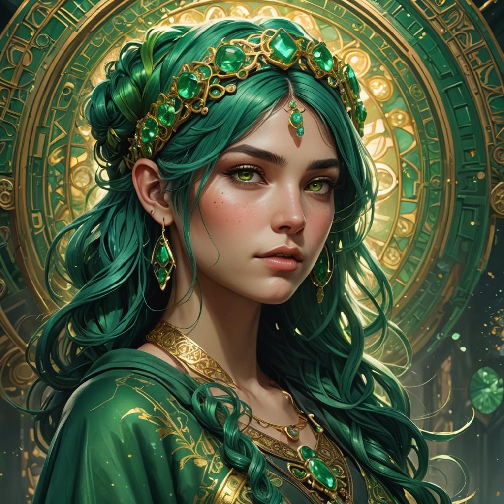Green-Haired Woman Portrait with Emerald Headband