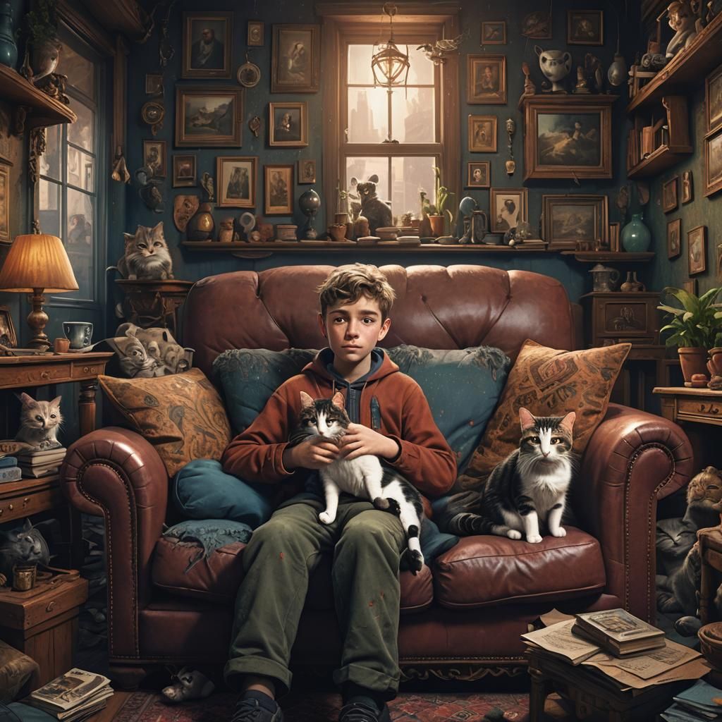 Cozy Room: Boy and Cat in Detailed Matte Painting