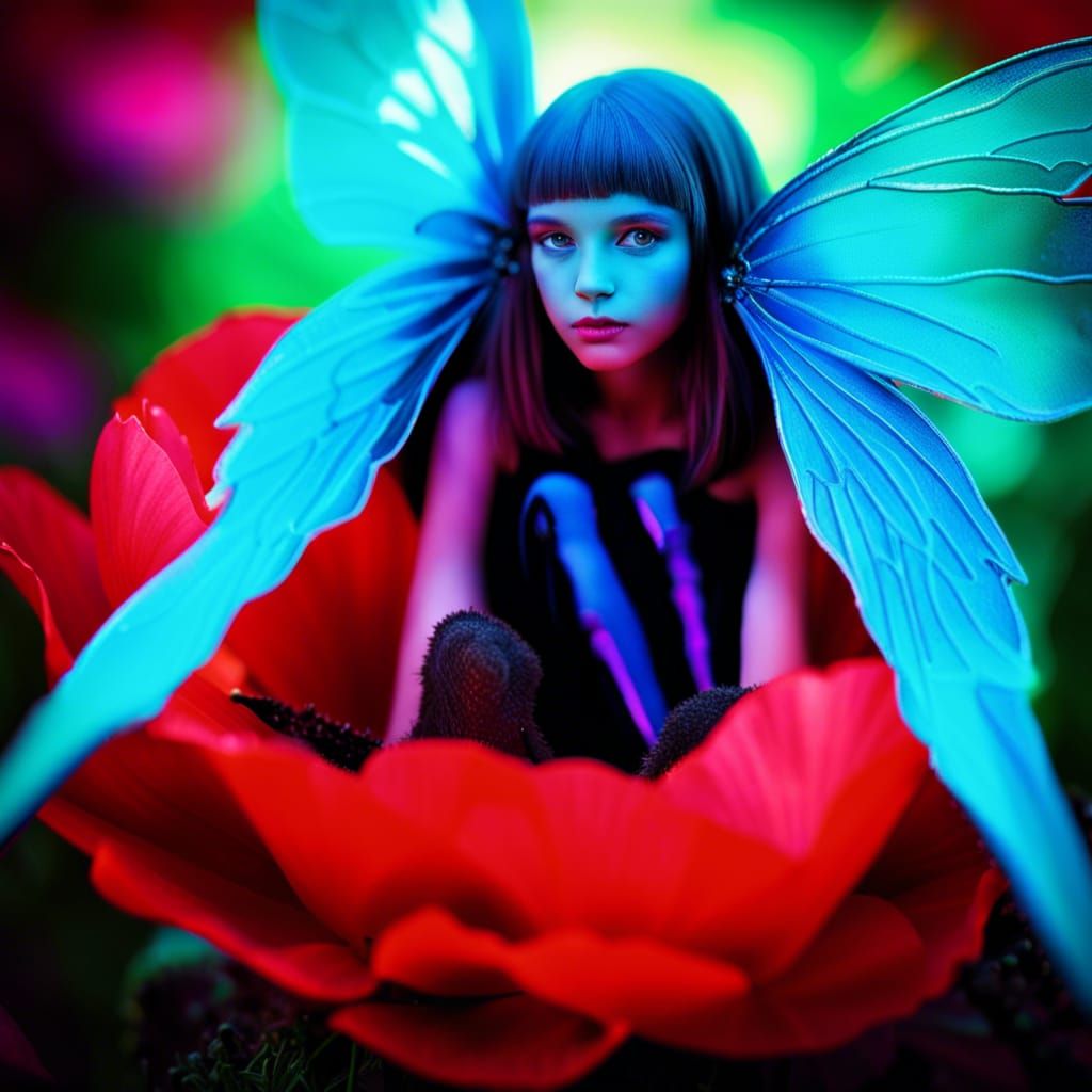 Fairy in Poppy with Iridescent Wings