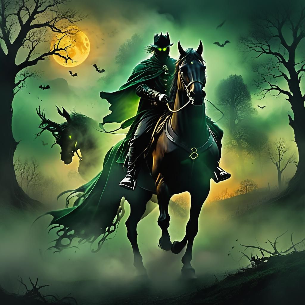 The Headless Horseman Rides Through Haunted Landscape