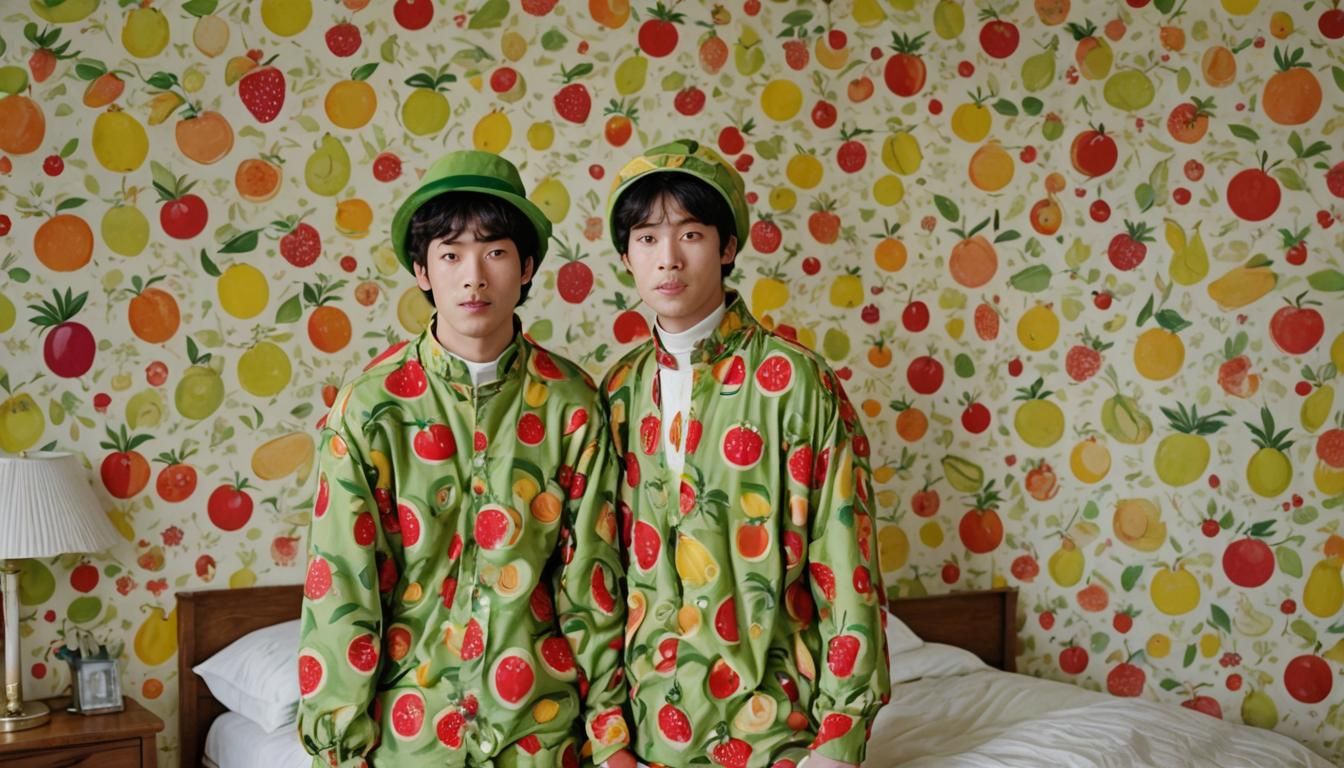 Young men dressed in fruit in a bedroom