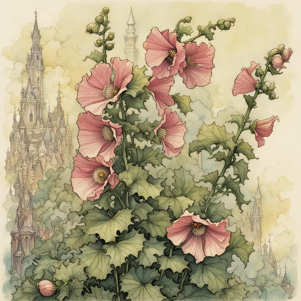 Delicate Hollyhock Blossom in Fantasy Illustration Style
