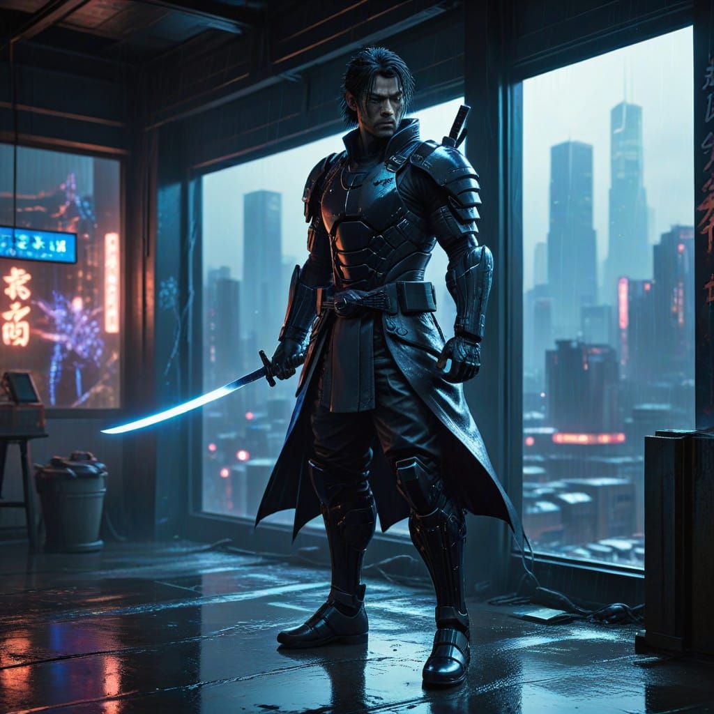 Futuristic Samurai in Neon Dojo: Cyberpunk Artgerm Style