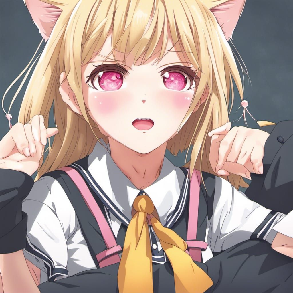 Anime Schoolgirl with Cat Ears in Manga Style