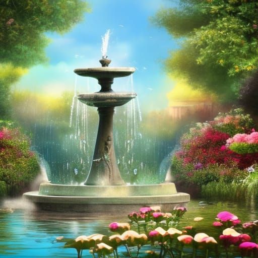 Peaceful Garden with Blooming Flowers and Fountain