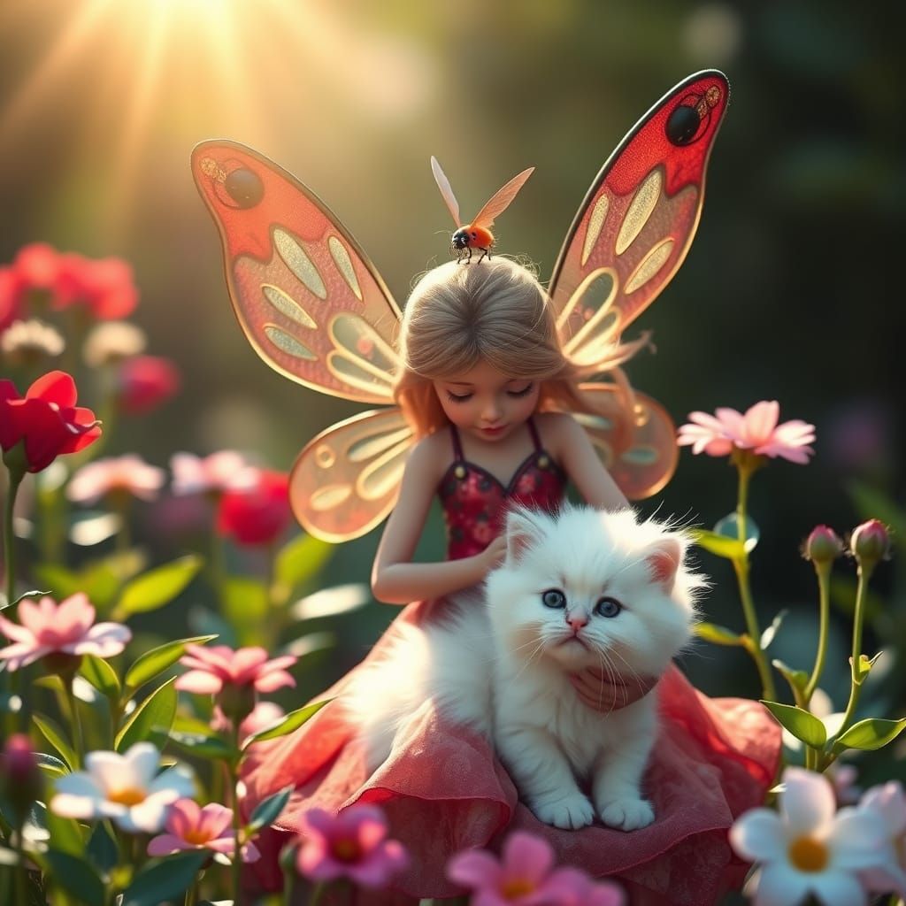 Ladybug Fairy with Kitten in Heavenly Garden