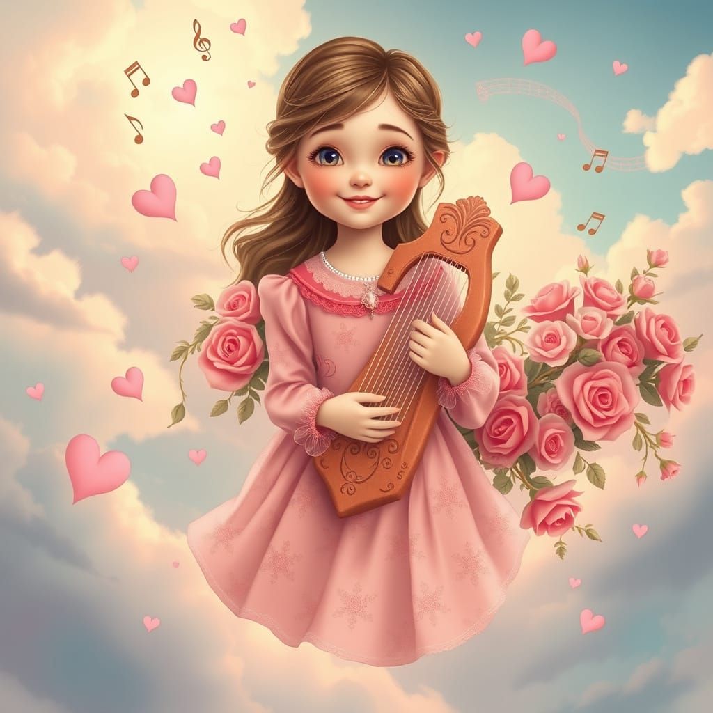Whimsical Young Girl in Enchanting Pink Dress Plays Heart-Sh...