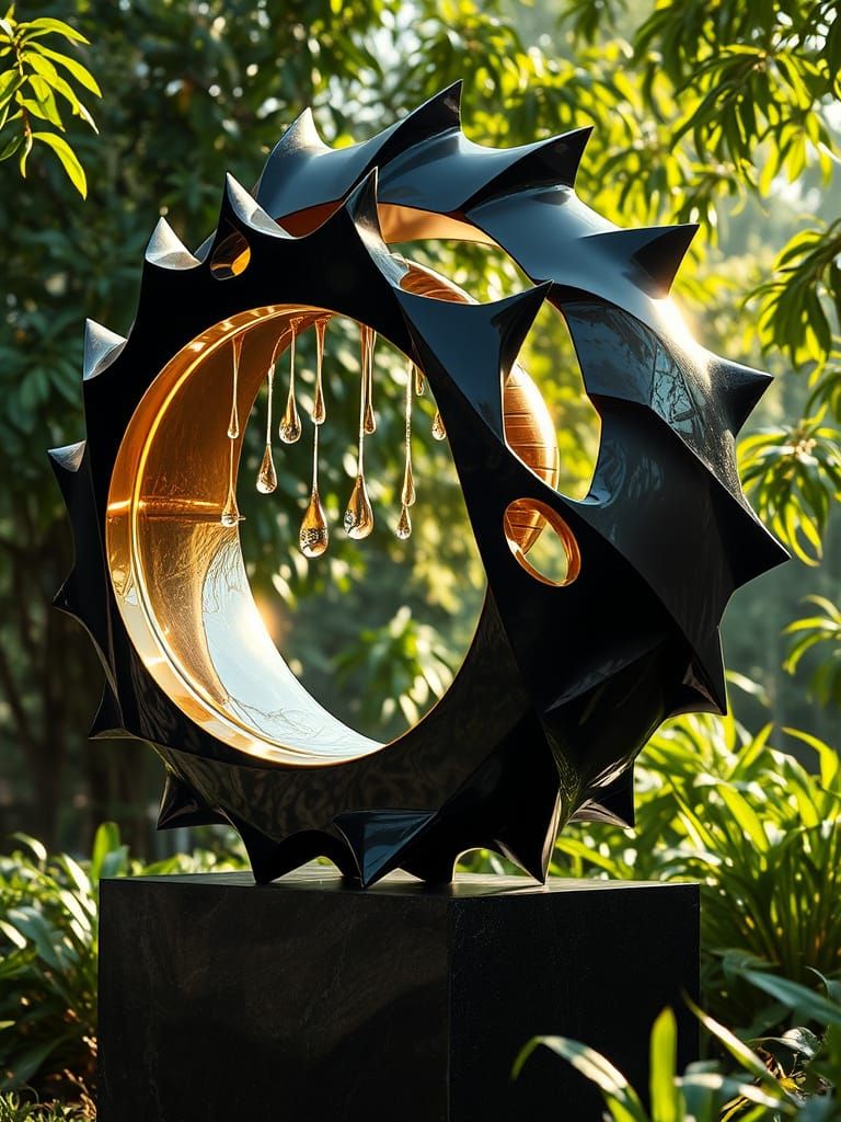 Majestic Futuristic Sculpture in Lush Garden Setting