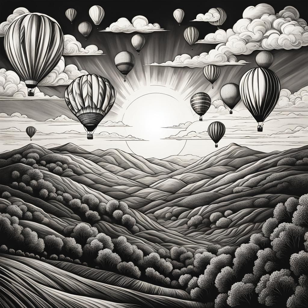 Sunset Balloons Over Hills: Charcoal Comic Art