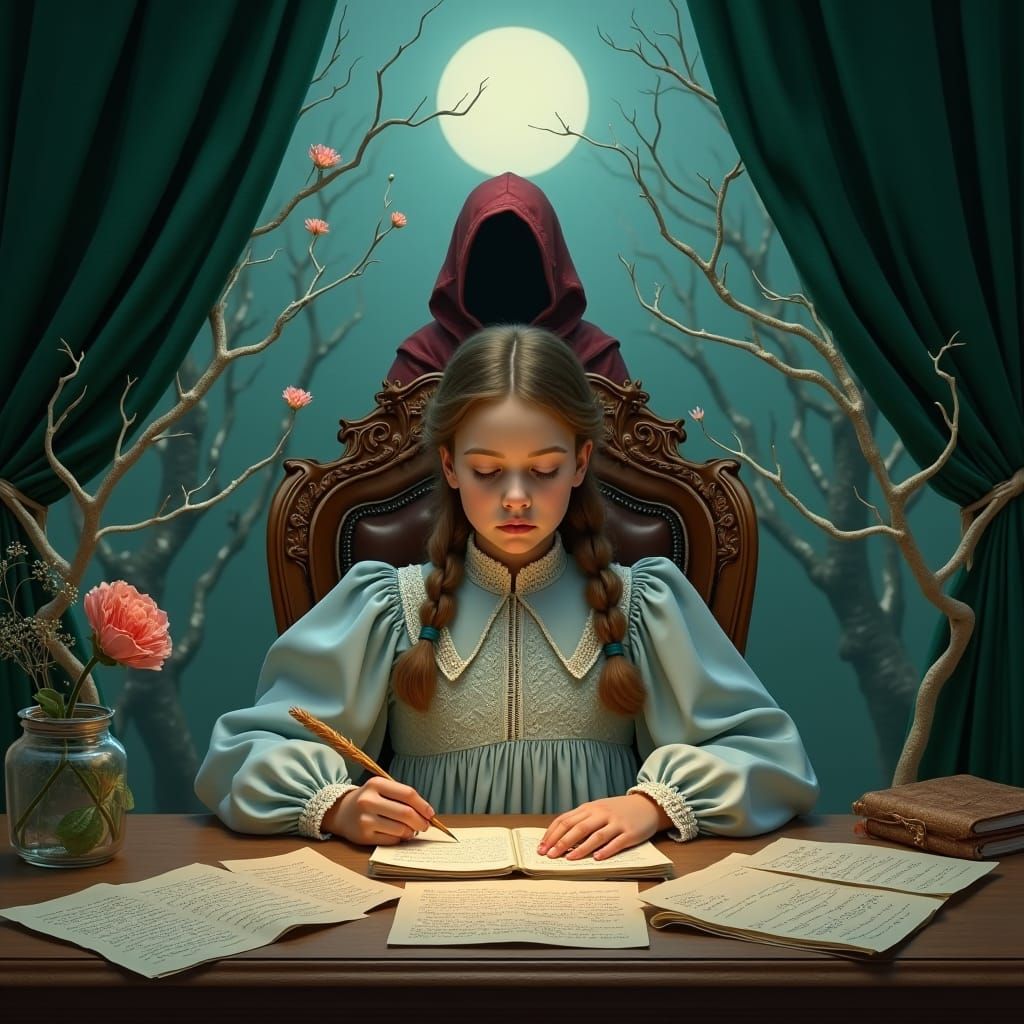 Girl Writing Letter in Moonlit Garden Scene