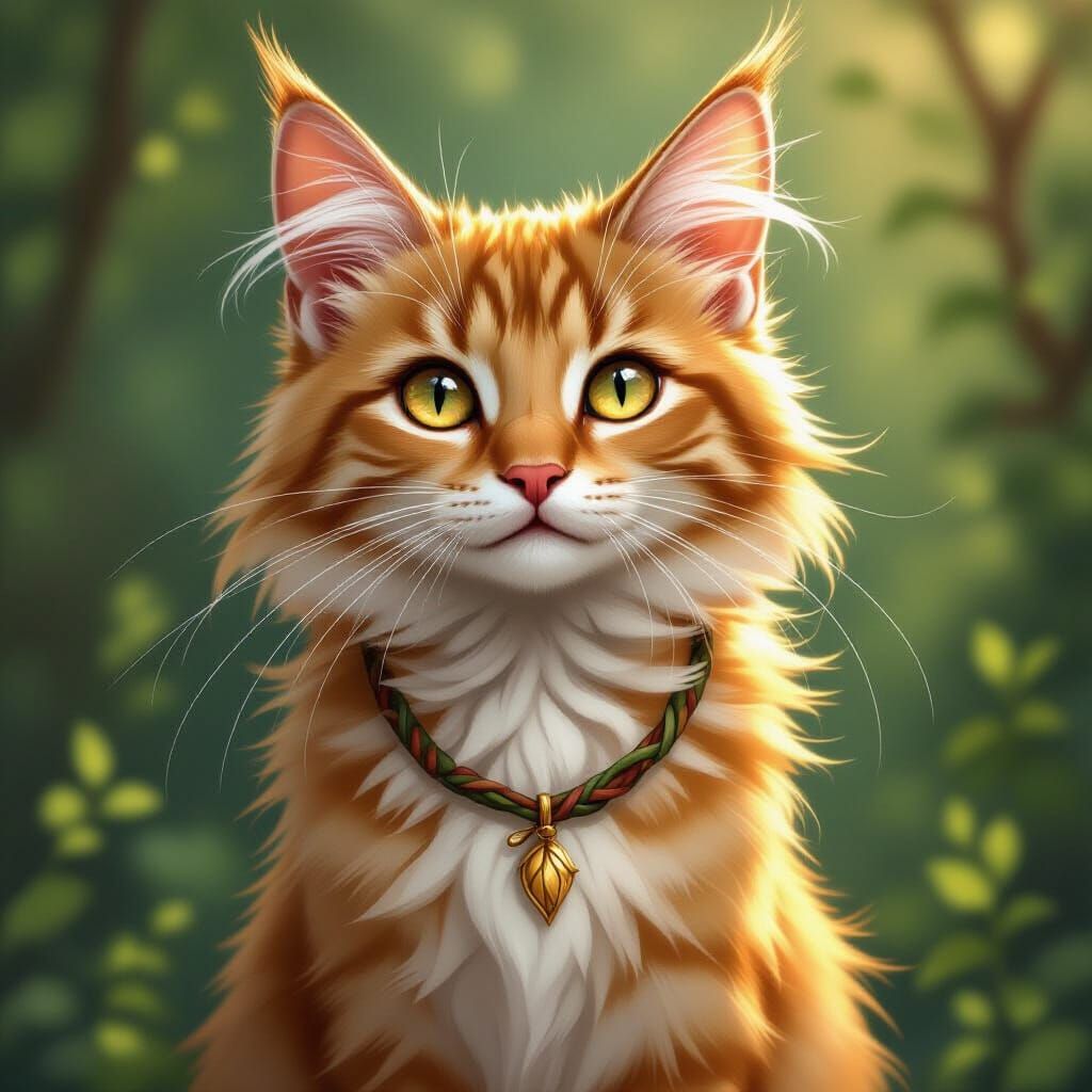Honey-Colored Cat with Root Necklace in Whimsical Style