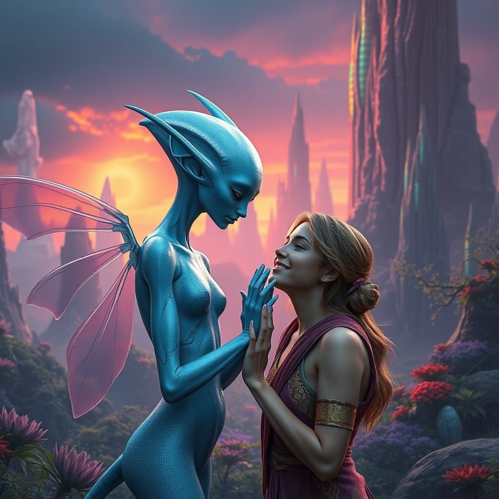 Interstellar Friendship Blossoms on a Vibrant Alien World