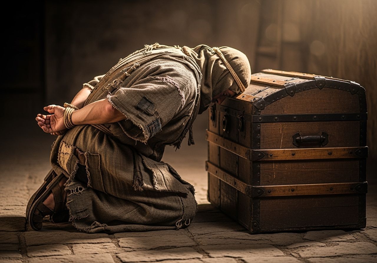 Bound Roman Peasant Kneeling Before Wooden Trunk