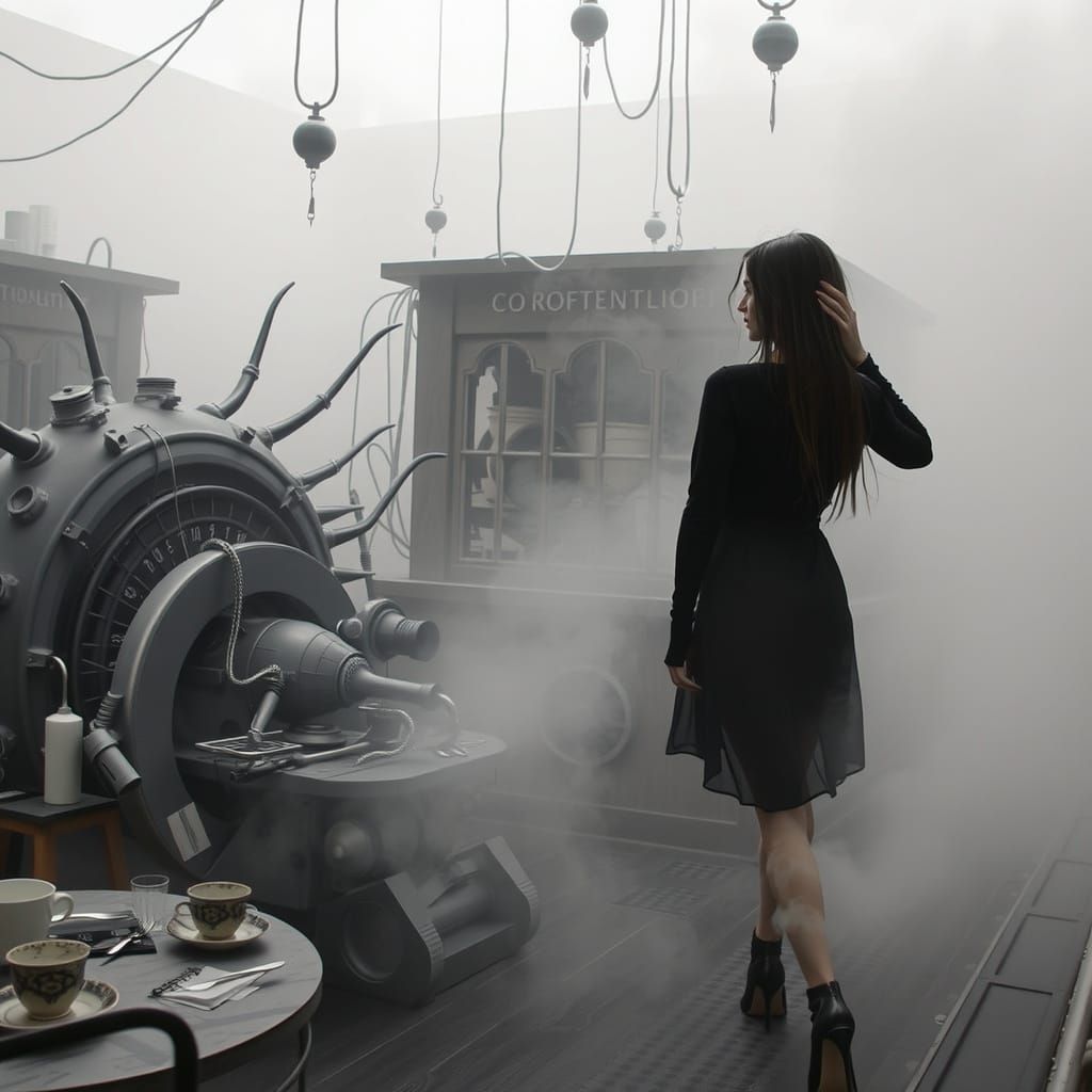 Goth Model in Biomechanical Coffee Shop