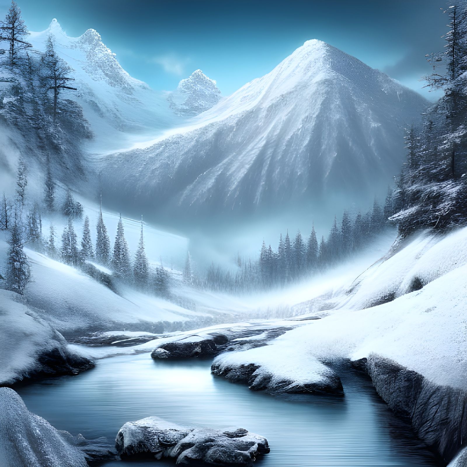 Hyper-Realistic Snowy Mountain Reflected in Water