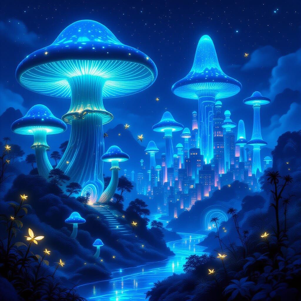 Bioluminescent Mushroom Metropolis with Sapphire Rivers