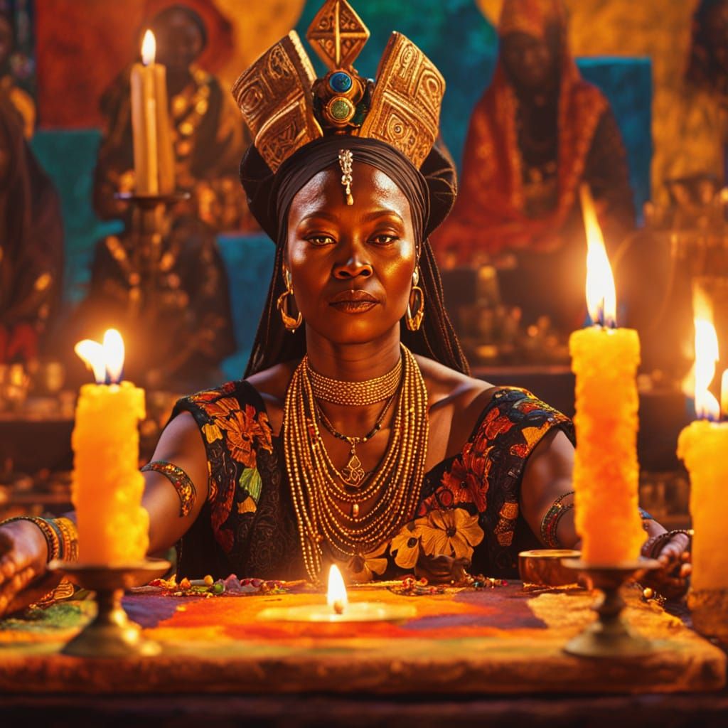 Voodoo High Priestess Ceremony: Vibrant Oil Painting