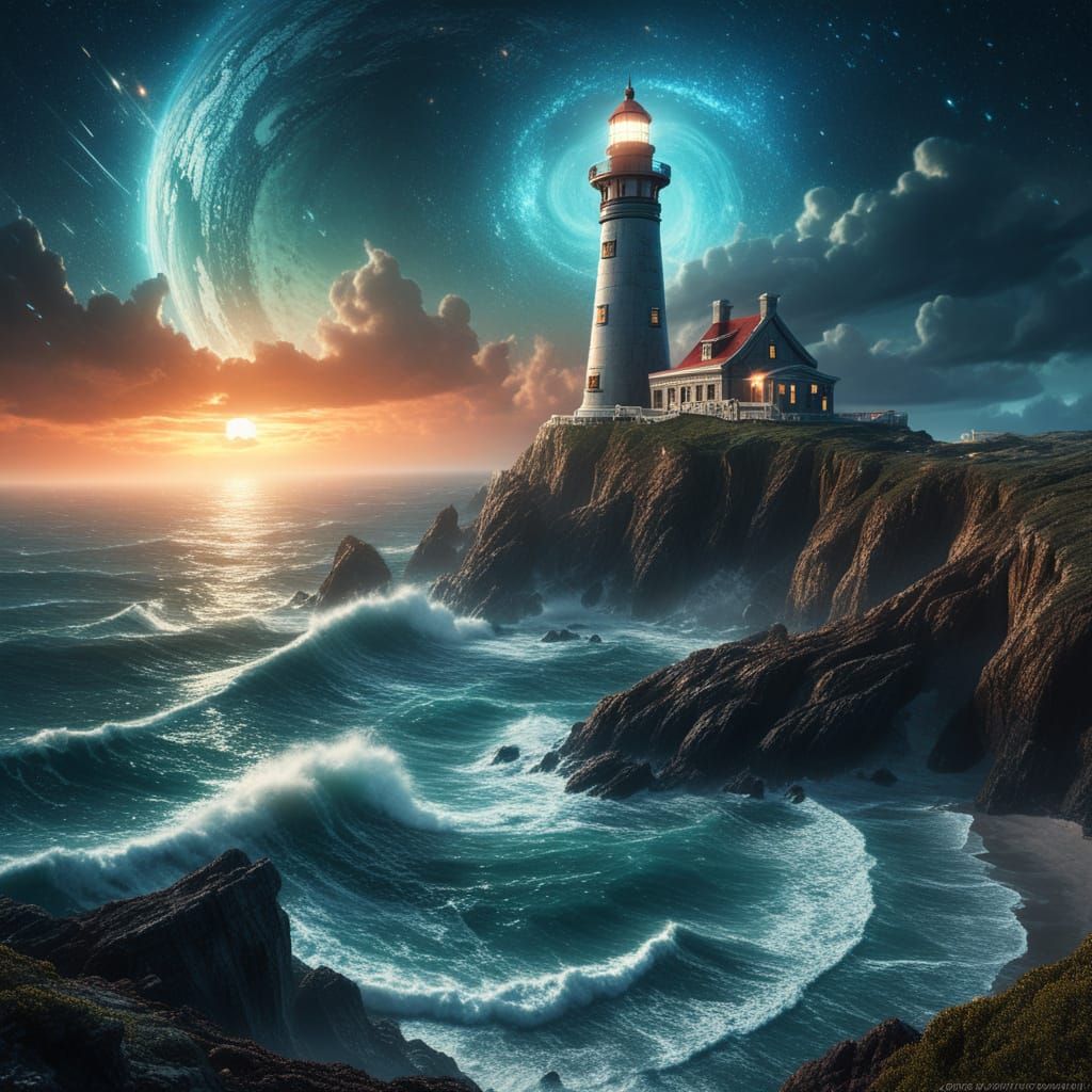 Alien Planet Lighthouse Overlooking Galactic Ocean