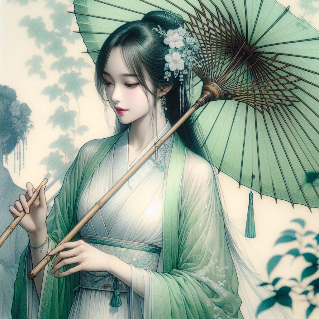 Woman in Green Chinese Dress, Manga Style