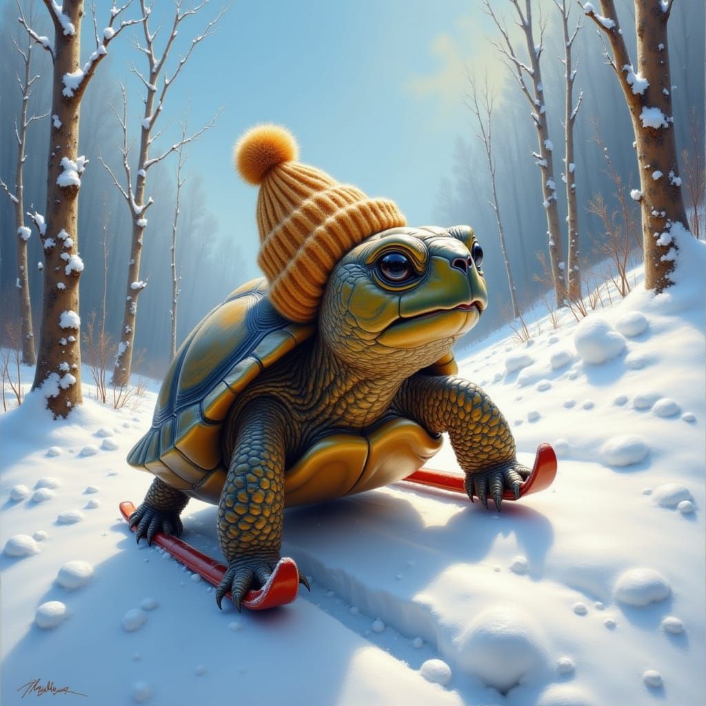 Happy Turtle Sledding Down Snowy Hill