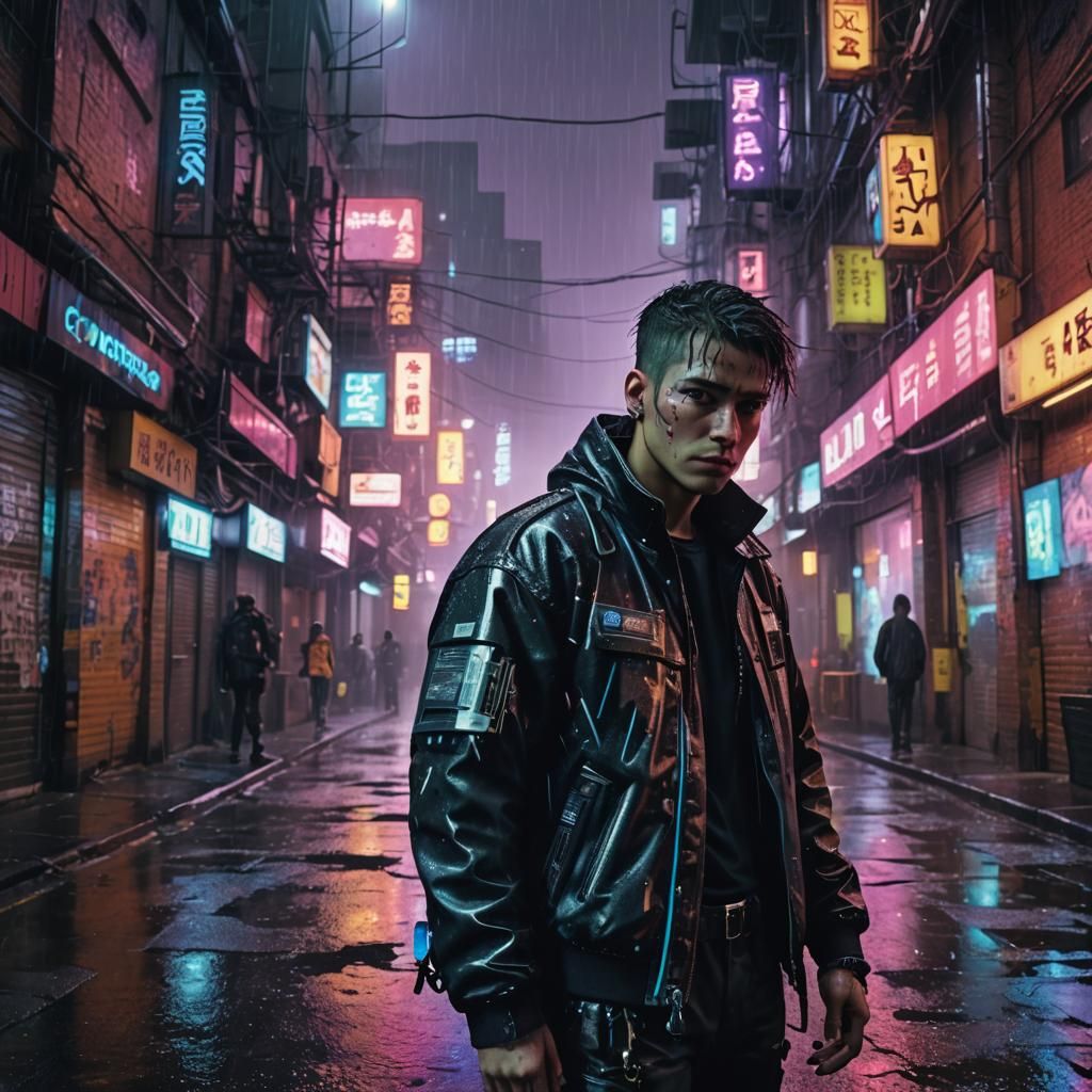 Cyberpunk Edgerunner in Neon Alleyway
