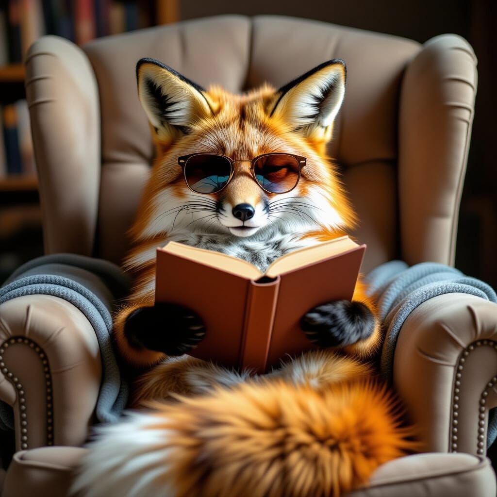 Fox Reading in Chair: A Hyperrealistic Digital Painting