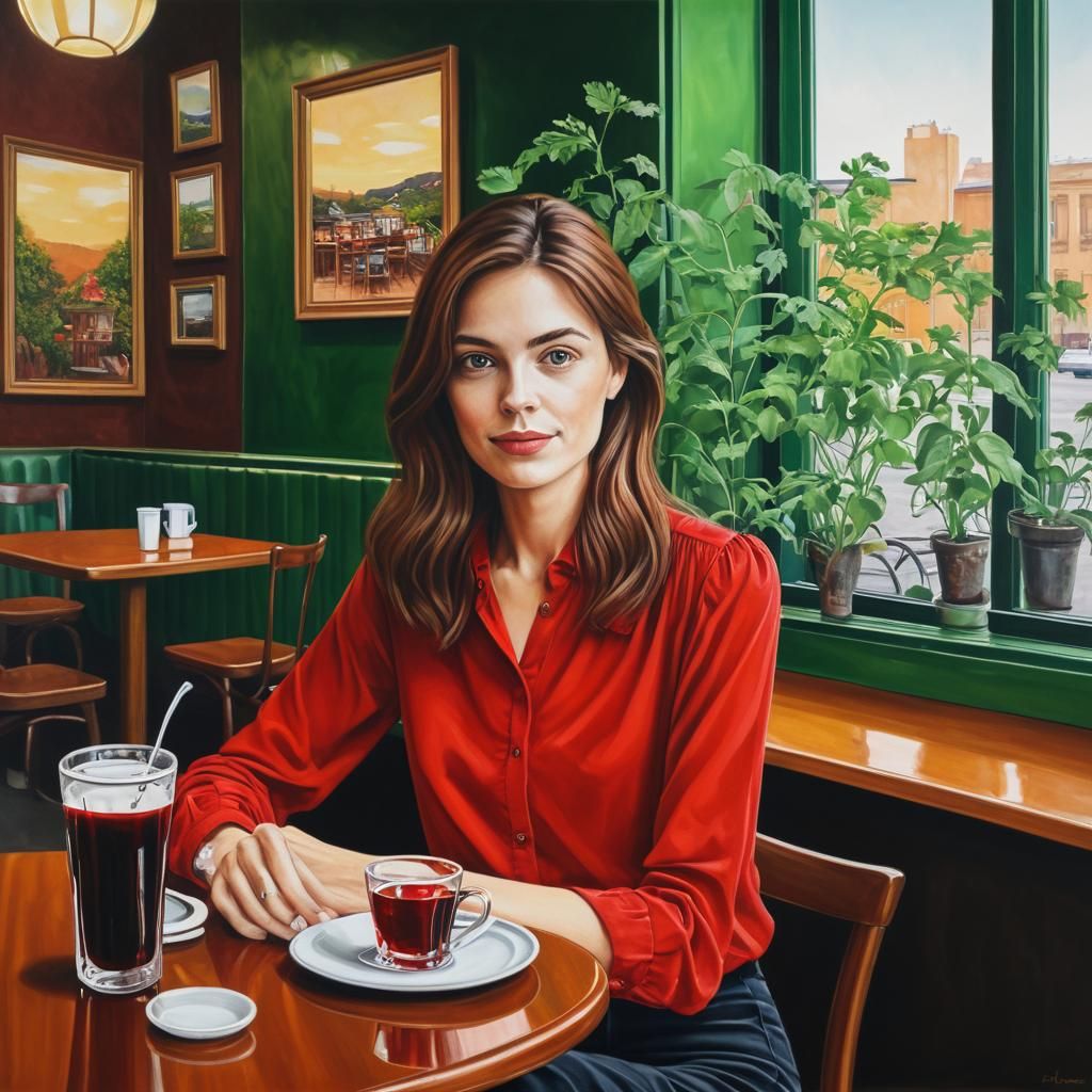 Woman in Cafe with Red Drink Painting