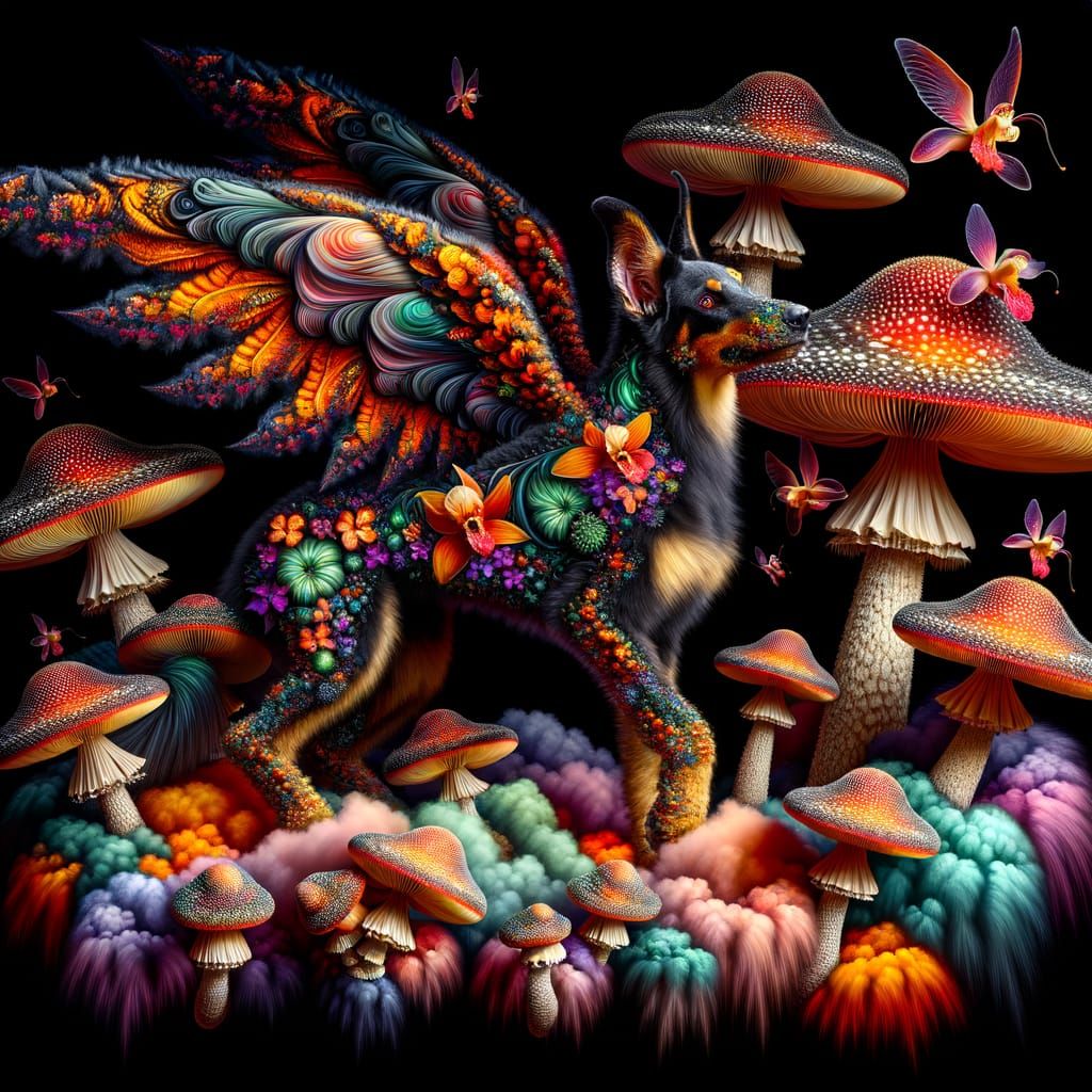 Winged Dragon-Doberman Hybrid in a Fungal Landscape