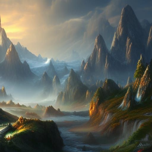 Misty Mountain Landscape in Detailed Matte Painting