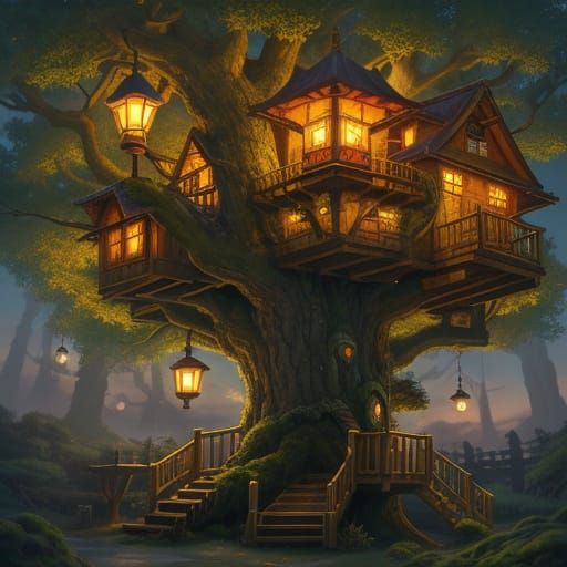 Whimsical Treehouse Illustration in Ghibli Style