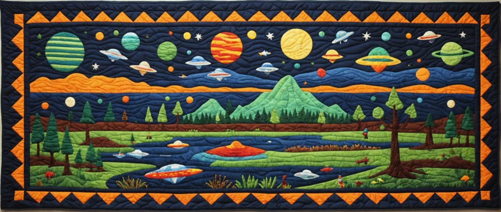 Quilted Tapestry Depicting an Alien Invasion