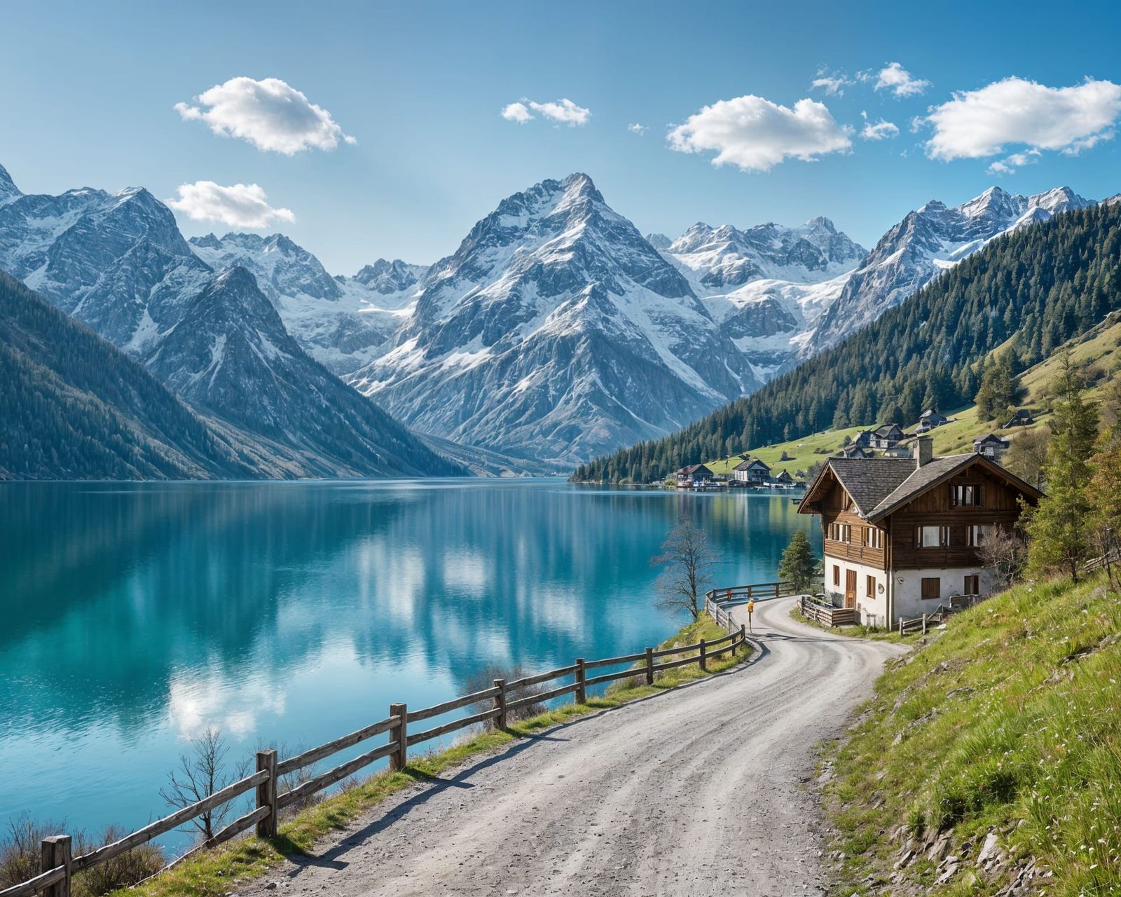 Spring Swiss Alps With Reflecting Lake and Scenic Road
