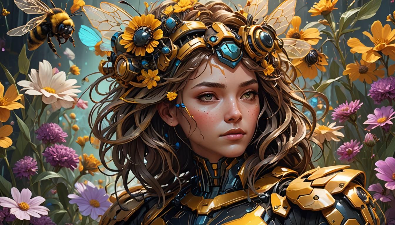 Bumblebee on Stylized Flower in Cyberorganic Art