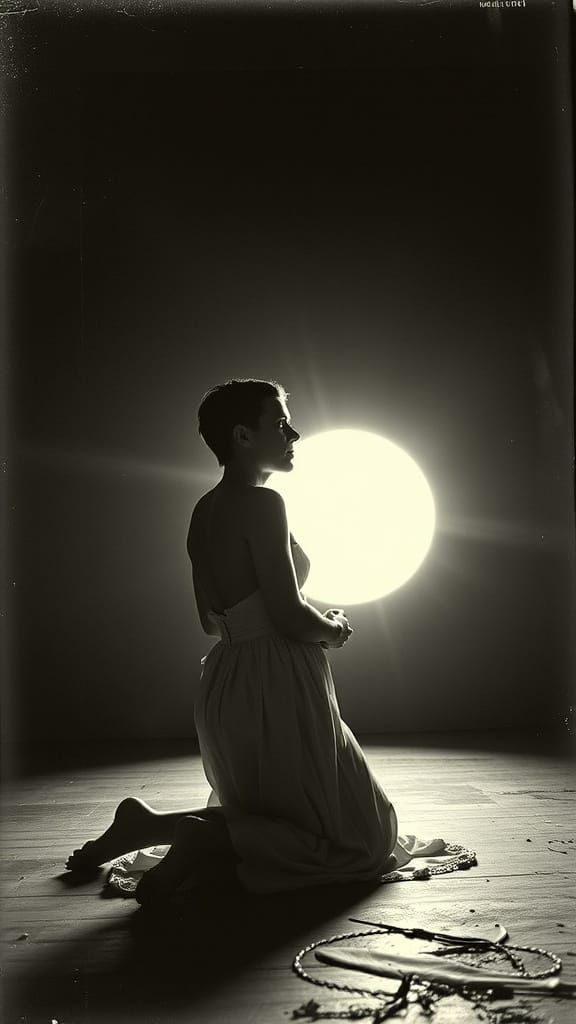 Epic Cyberpunk Kneeling Figure in Harsh Daylight