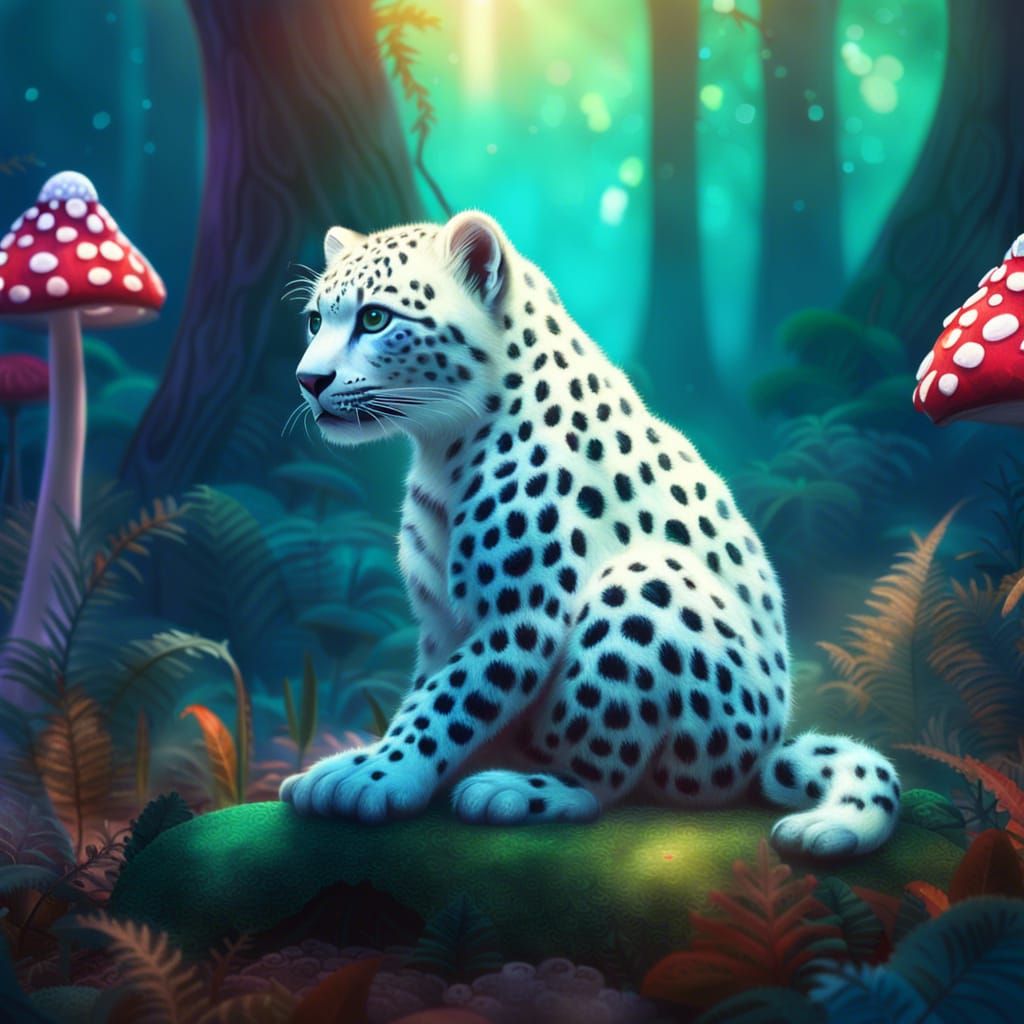 White Leopard Cub in Mystical Acrylic Forest