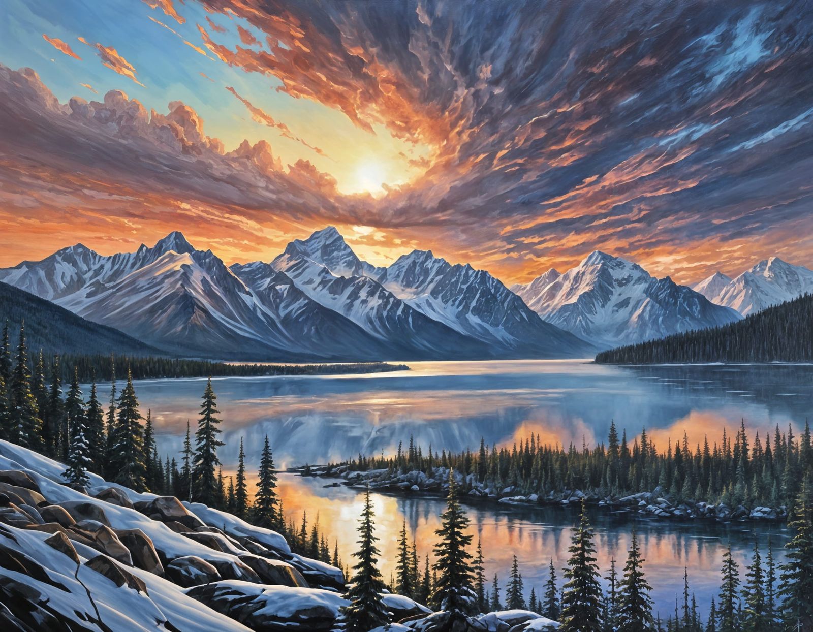 Sunrise over the Canadian Rockies in Vibrant Oil Painting