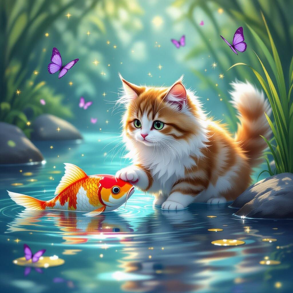 Cat and Koi in Magical Pond with Stardust