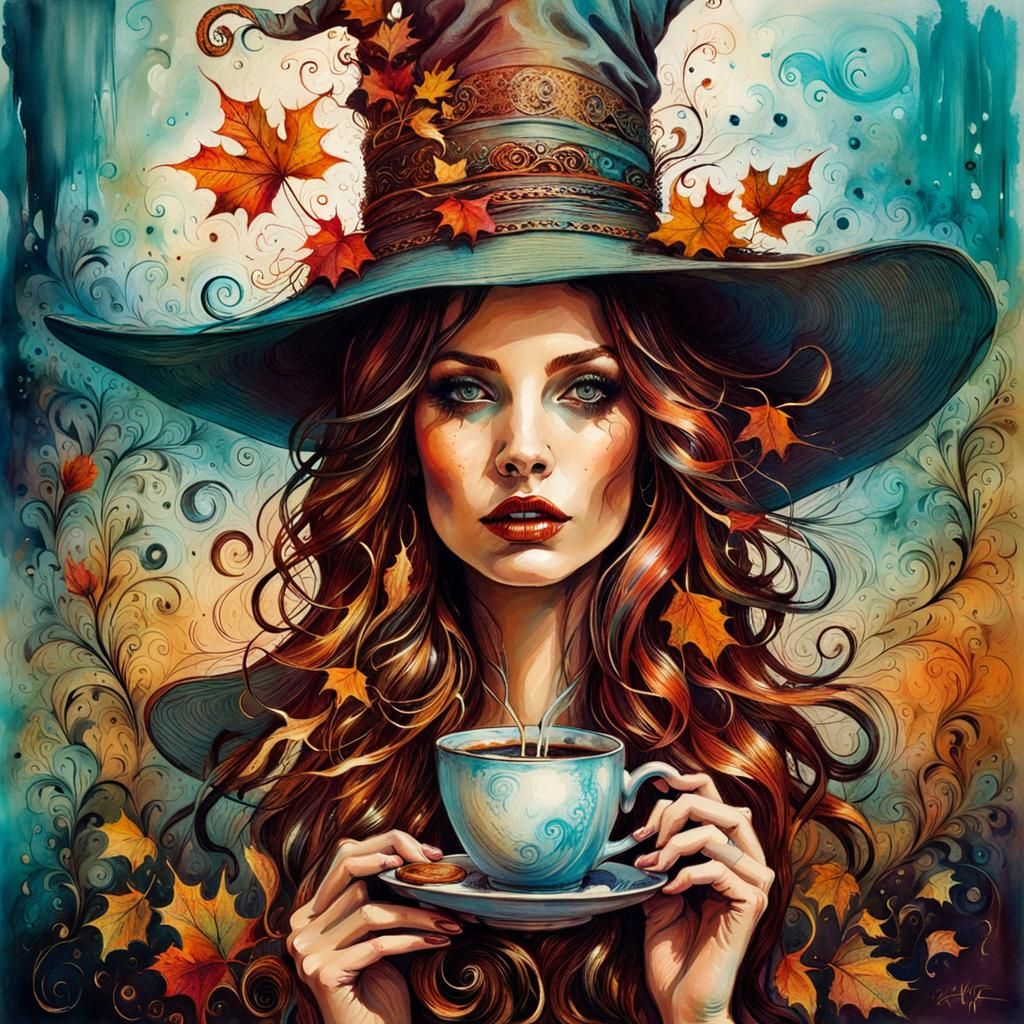 Surreal Autumn Witch Drinking Coffee in Dreamscape
