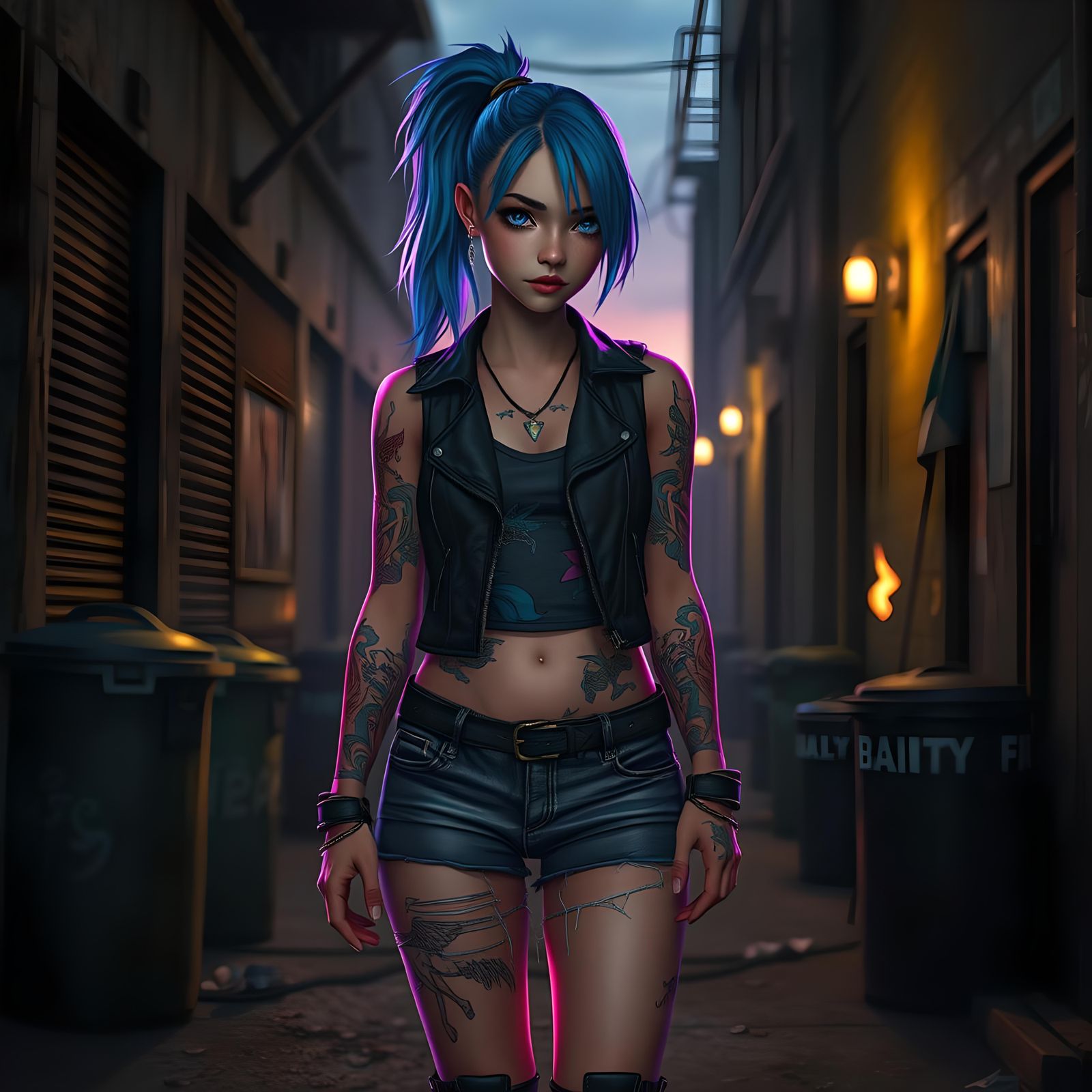 Blue-Haired Brawler in Alley, Digital Art