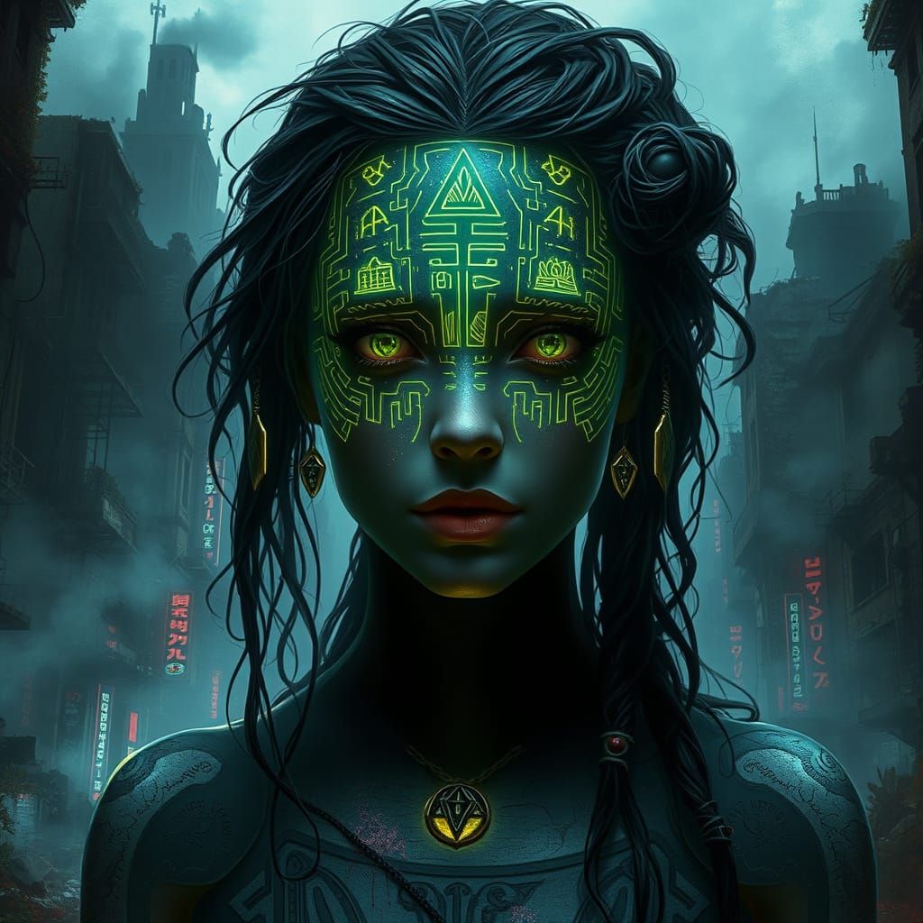 Cyberpunk Ruins: Woman with Glowing Hieroglyphs