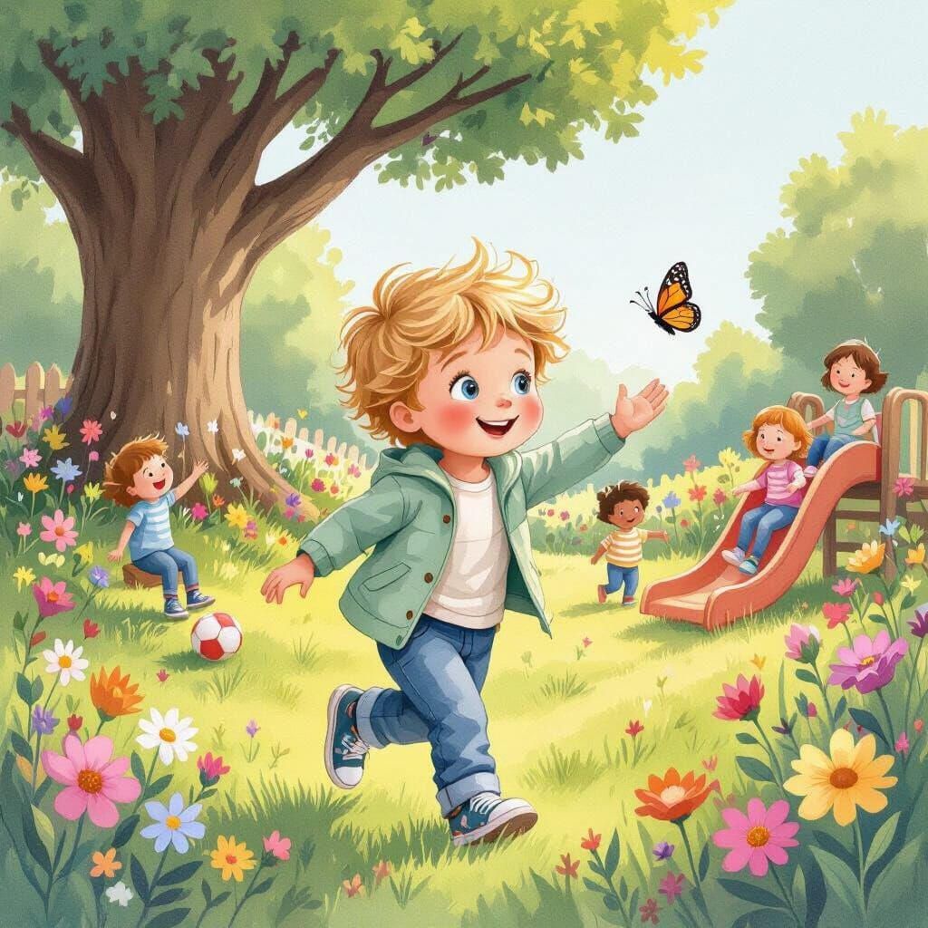 Kindergarten Garden Scene in Watercolor Style